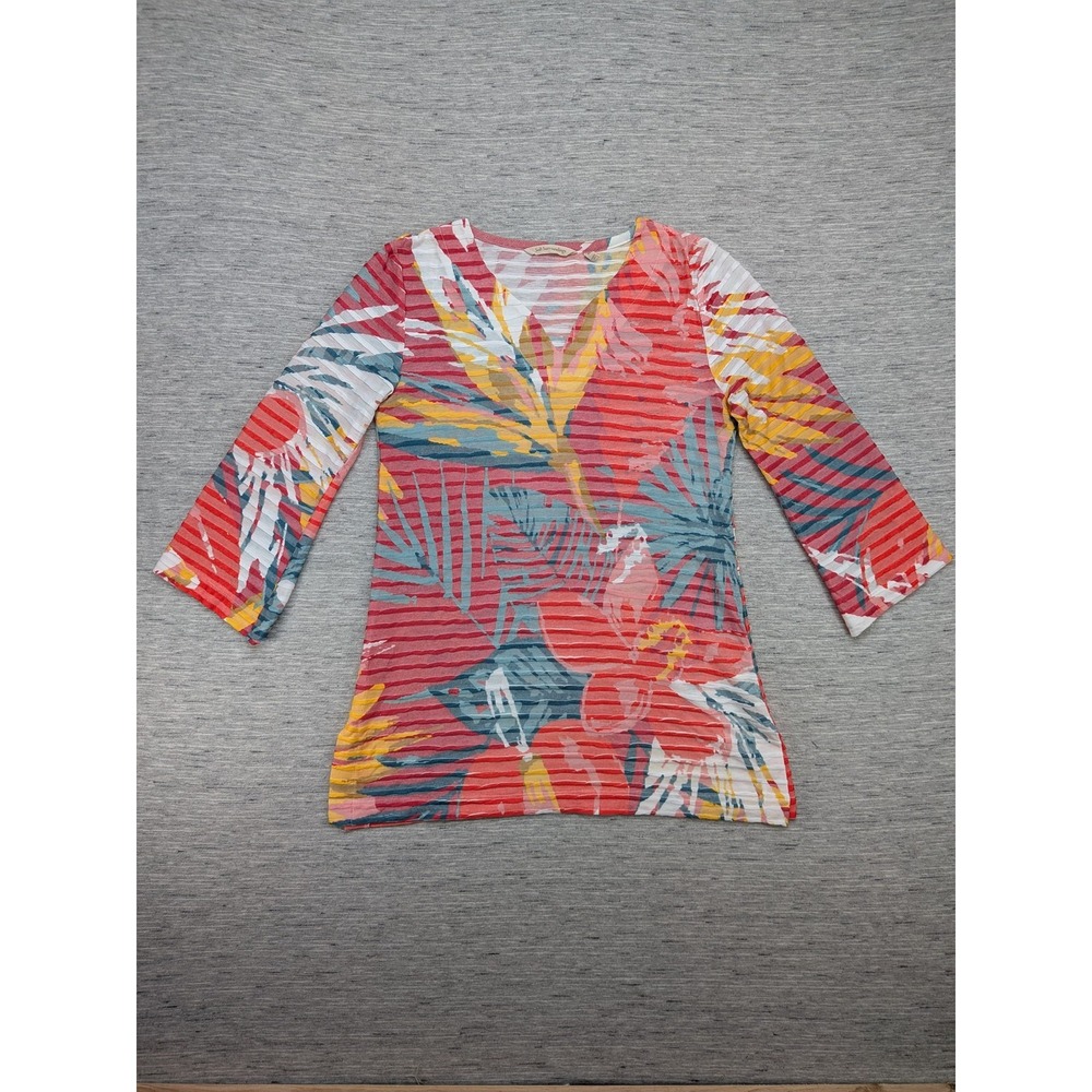 Soft Surroundings Shirt Womens XS Floral Striped Sheer Tropical Palm Leaf Travel
